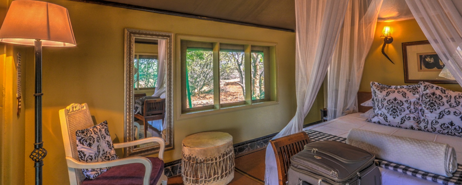 interior of luxury tent, safari lodge